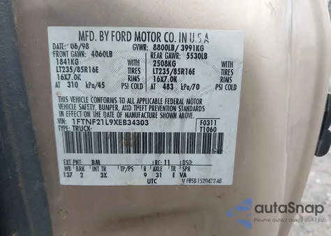 1999 Ford F-250 Lariat/Xl/Xlt z USA, uszkodzony, nr VIN 1FTNF21L9XEB34303